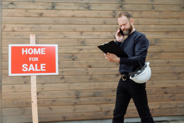 man on the phone next to a red and white home for sale sign
